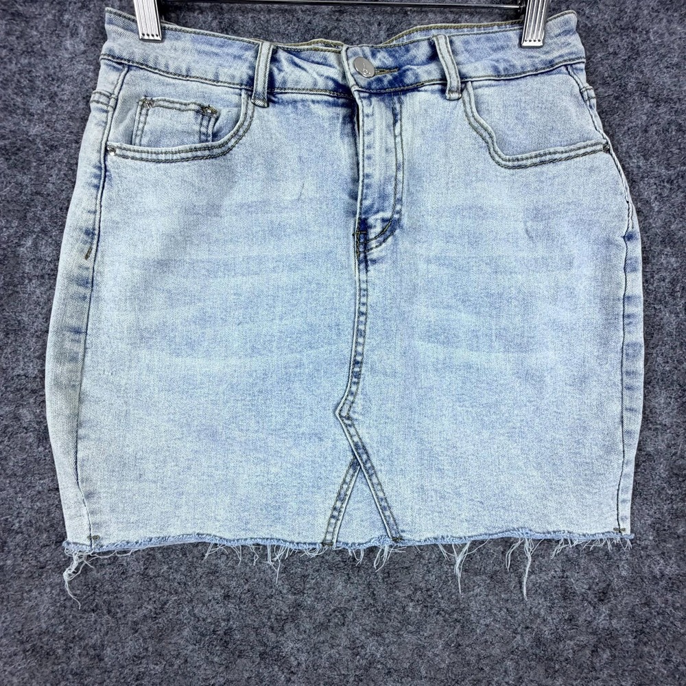 GUANYY Jean Skirt Womens Medium Blue Denim Light Wash 90s 80s Grunge Frayed Hem‎